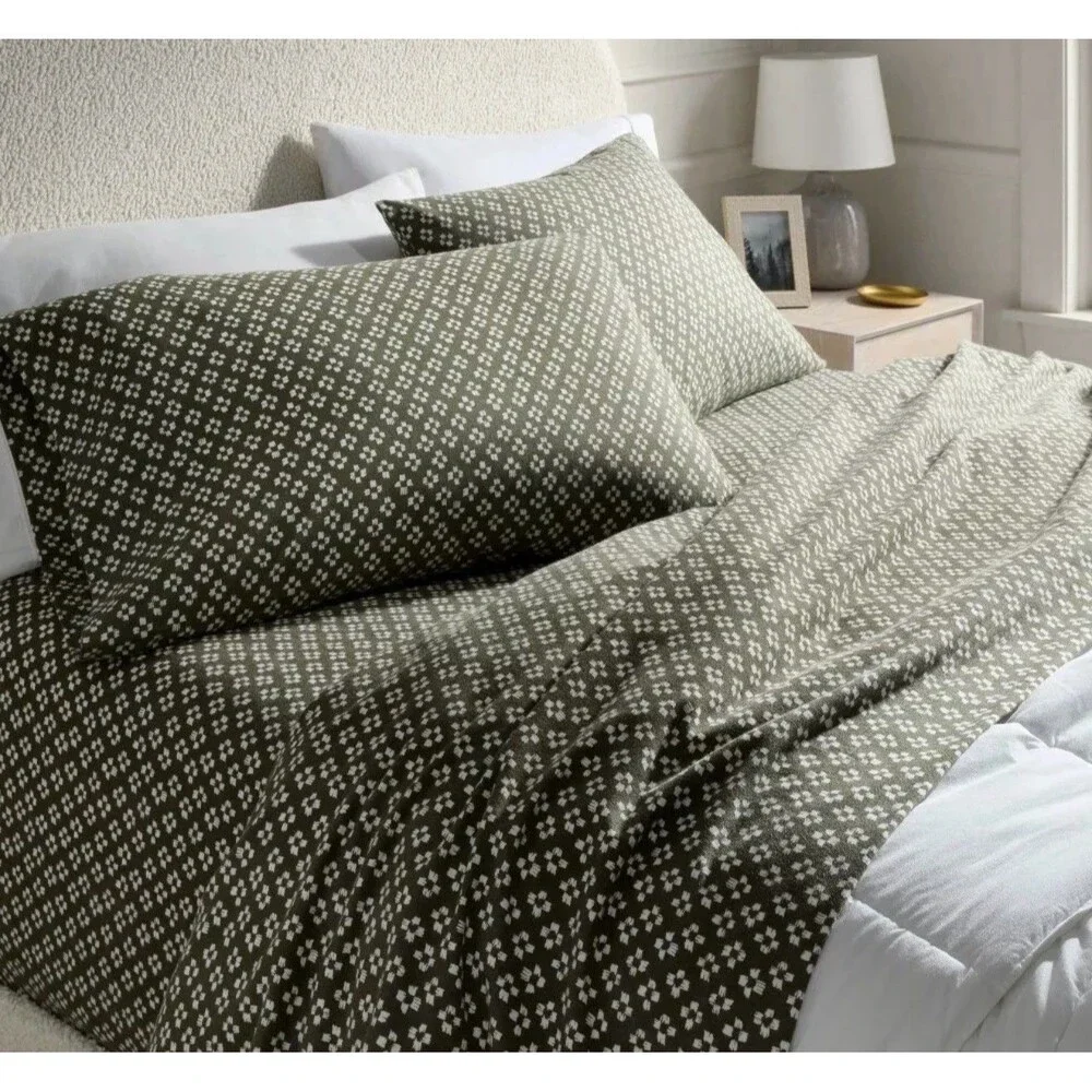 RARE King Ultra Soft Flannel Sheet Set Green Geo - Threshold NEW